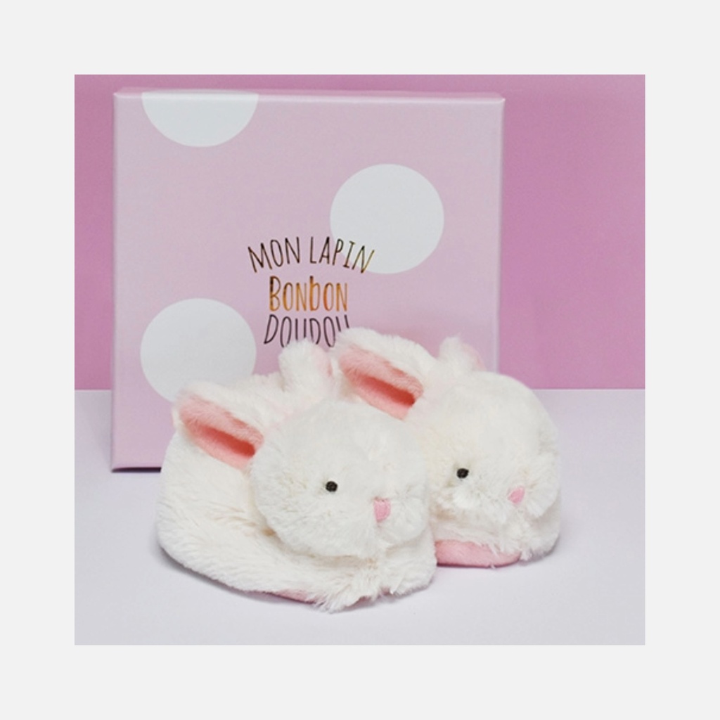 Doudou et Compagnie - Chaussons Bebe en Peluche - Lapin - Blanc - 0 à 6 mois