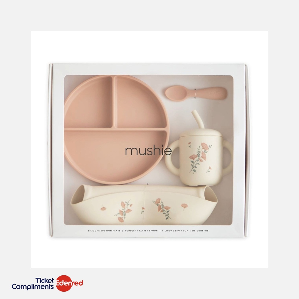 [70.999.201] Mushie - Siliconen Peutermaaltijdset - Pink Flowers - Giftbox - 6m+