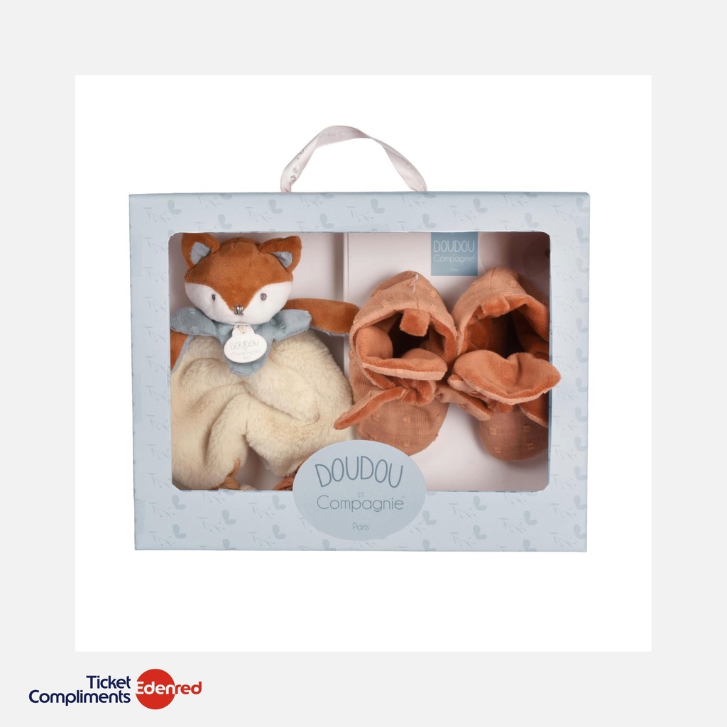 [DC4696] Doudou et Compagnie - Timo kraamcadeauset - Babyslofjes & Knuffeldoekje - Bruin - 0 tot 6 maanden