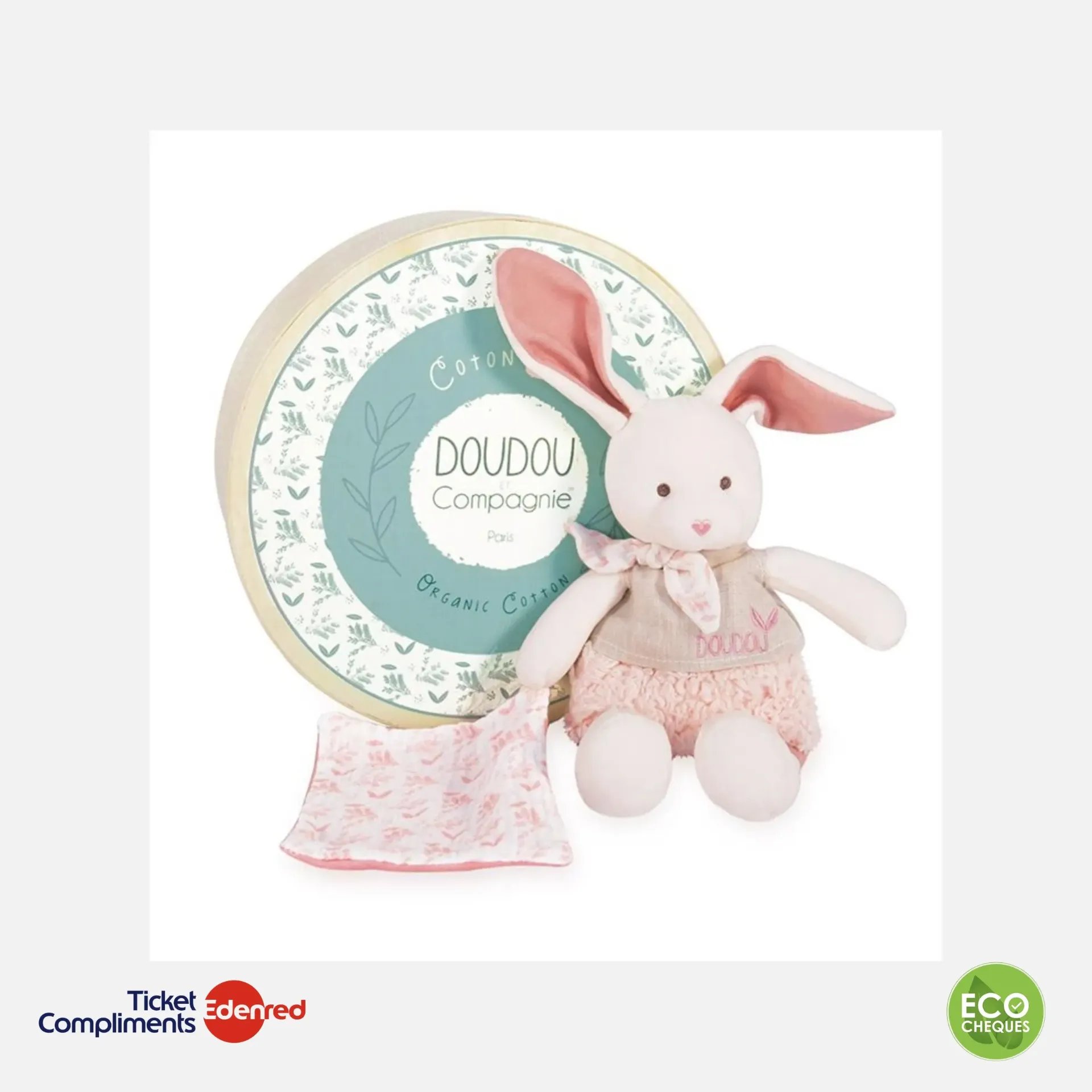 Doudou et Compagnie - Lapin Peluche écrue avec mouchoir rose en coton BIO - 22 cm - Rose - 0m+