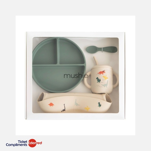 [70.999.202] Mushie - Siliconen Peutermaaltijdset - Dino - Giftbox - 6m+