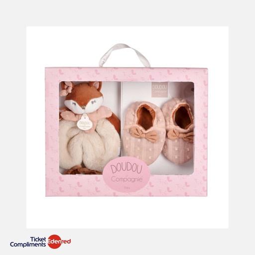 [DC4691] Doudou et Compagnie - Coffret Cadeau naissance Mina - Chaussons Bebe & Doudou - Marron - 0 à 6 mois