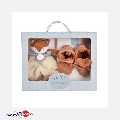 [DC4696] Doudou et Compagnie - Coffret Cadeau naissance Timo - Chaussons Bebe & Doudou - Marron - 0 à 6 mois