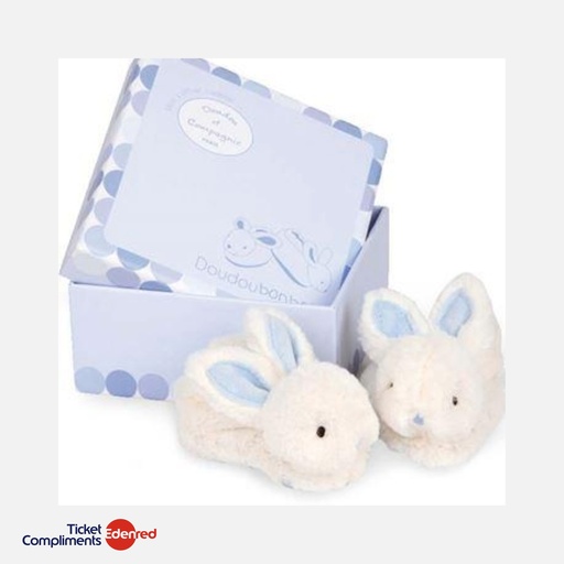 [DC1309] Doudou et Compagnie - Chaussons Bebe en Peluche - Lapin - Bleu - 0 à 6 mois