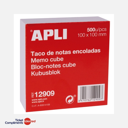 [12909] Apli - Bloc-notes cube 100 x 100 mm - 500 feuilles - Blanc
